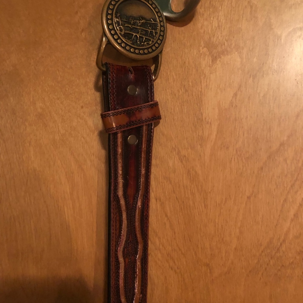 Vintage leather brown belt with tree buckle